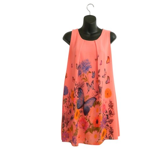 A-Lined Chiffon Sleeveless Floral & Butterfly Lined Tunic Print Dress Sz Medium - Picture 2 of 14